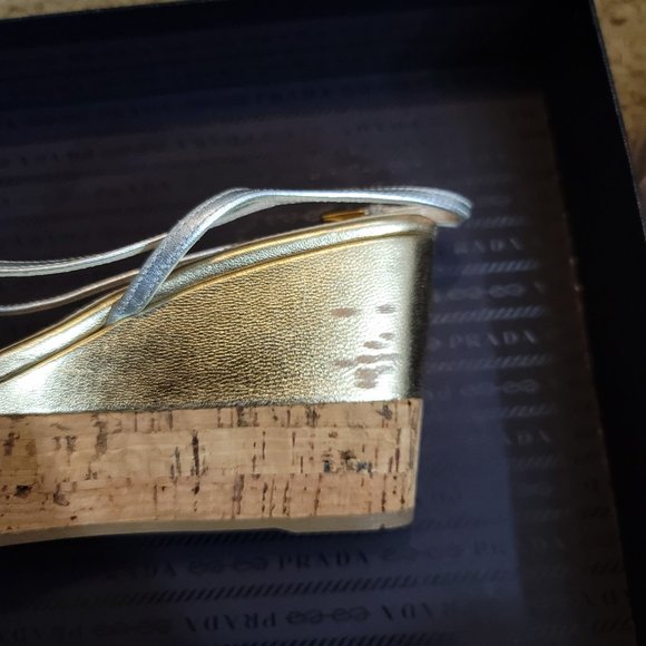 PRADA  Metallic Leather and Cork Platform Sandal - Picture 7 of 11